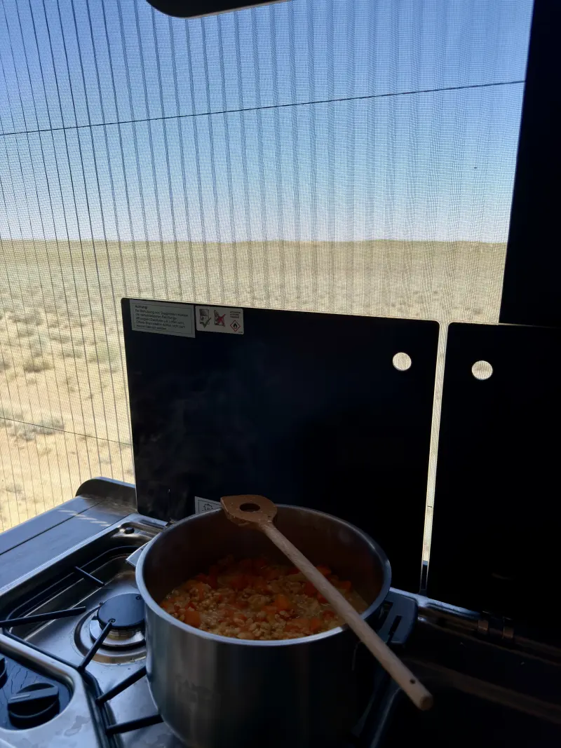 Cooking lunch with a view